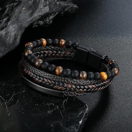 Mens Tiger Eye Black Obsidian Lava Rock Lapis Lazuli Stone Beaded Bracelet,Wrap Braided Leather Cuff Bangle Bracelet for Men,Stainless Steel Clasp (19cm)