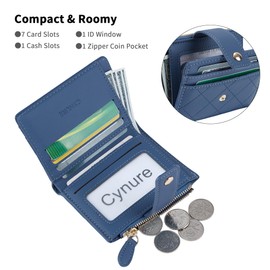 Cynure Women's Cute Leather Card Holder Small Compact Bifold Purse Purse with Zip Coin Compartment, dark blue, Standard size, Casual