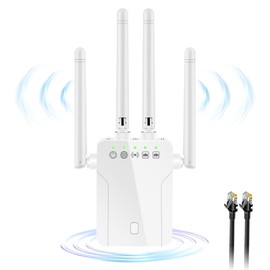 WLAN Verstärker 1200Mbit/s WLAN Repeater 5GHz & 2.4GHz Dualband Signalverstärker, Repeater/Access Point/Client Mode, mit RJ45 Netzwerkkabel,WPS,2 LAN Ports,4 Antennen, Kompatibel zu Allen WLAN Geräten