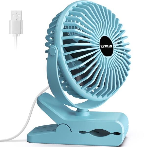 BESKAR Clip on Fan, Portable Small Desk Fan with Strong Airflow, 3 Speeds Personal Fan with Sturdy Clamp, Quiet Desk Fan & Clip Fan with USB Cord Powered - No Battery