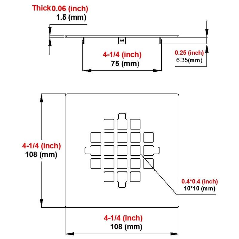 4-1/4 Inch Square Snap-in Shower Drain Brushed Nickel