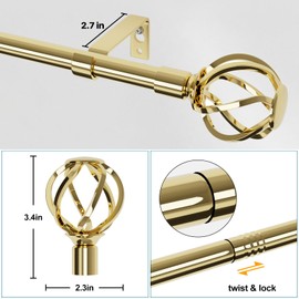 Gold Curtain Rod 72-144 inch with Cage Finials, Heavy Duty Curtain Rod for Windows with Splicing Adjustable, Decorative Curtain Rods for Outdoor Patio, Sliding Glass Door, 5/8" Diameter
