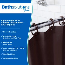 Kenney KN61755 Lightweight 3 Gauge Waterproof PEVA Shower Curtain Liner with Durable Eyelet Hang Holes, Weighted Magnetic Hem, and 12 Piece Plastic C-Ring Set for Bathroom, 70" W x 72" H, Chocolate