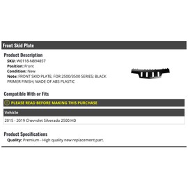 Marketplace Auto Parts Front Skid Plate - Black - Compatible with 2015-2019 Chevy Silverado 2500 HD