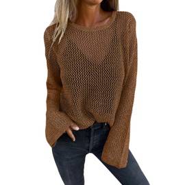 Allimy Womens Sweaters Hollow Out Winter Casual Metallic Knits Crewneck Long Sleeve Sweater Pullover Brown L