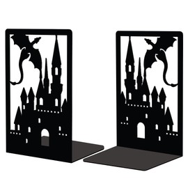 Peacoblue Metal Bookends for Shelves Room Decorative, Creative Heavy Duty Study Bookends Stoppers Holder Stand for Desk Shelf, 11.9x8.89x17.78cm Book Ends to Support Books, 1 Pair(Dragon Castle)