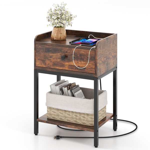 Giantex Nightstand with Charging Station, Industrial Bedside Table with Storage
