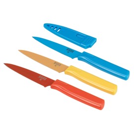 Kuhn Rikon Straight Paring Knife with Safety Sheath, 4 inch/10.16 cm Blade, Set of 3, Red, Yellow & Blue