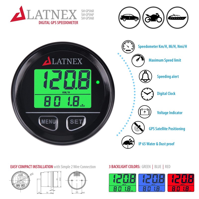 GPS Speedometer Waterproof with 3 Backlight Colors & Resettable Odometer.