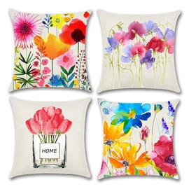 Watercolor Floral Pillow Covers 18x18, Outdoor PinkTulip Daisy Flowers Cushion Covers for Sofa Couch Porch Farmhouse Home Decoration