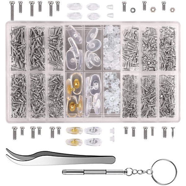 bayite Eyeglass Sunglass Repair Kit with Nose Pads (4 Types, 8 Pairs) Screws Tweezers Screwdriver 21 Types Tiny Micro Screws 1000Pcs Assortment Stainless Steel Screws for Spectacles Watch