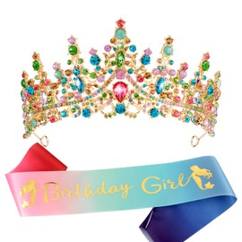 VELSCRUN Birthday Tiara Crowns for Women Girls Colourful Crystal Birthday Girl Headband Sash Elegant Princess Crown Happy Birthday Party Decorations Women Sisters Birthday Gift Hair Accessories