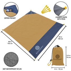 ECCOSOPHY Sand Proof Beach Blanket-Waterproof Picnic Blanket 60x55-Outdoor Compact Pocket Blanket-Lightweight Ground Cover for Hiking, Camping, Festivals, Sports, Travel-with Bag & Stakes (Caramel)