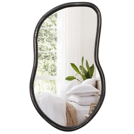 Asymmetrical Irregular Wall Mirror Decorative Wood Frame Mirror Large Bathroom Mirror Rustic Black Wall Mounted Mirror for Living Room Bedroom Entryway Hallway