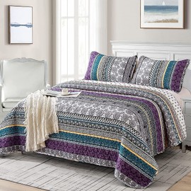 WONGS BEDDING Boho Quilt Set Full Size, Purple Bohemian 3 Pieces Quilt Sets, Lightweight Summer Bedspread Coverlet Bedding Set for All Season (90"x78")