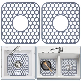 Bestjing 2 Pack Silicone Sink Protectors for Kitchen Sink - 12" x 11" Kitchen Sink with Center Drain Accessory, Non-Slip Heat-Resistant Mat for Bottom of Porcelain Stainless Steel, Dishwasher Safe