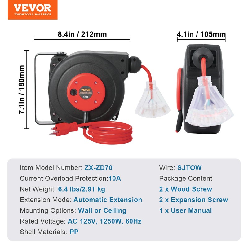 VEVOR Retractable Extension Cord Reel, 30 FT, Heavy Duty 16AWG/3C