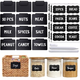 Knowstyle 94 pcs Basket Labels Clip On - 30pcs Bin Labels Clip On, 32 Black Chalk Labels for Pantry, 30 Pre Printed Stickers with 2 Chalk Markers, Clip On Labels for Storage Bins Durable Basket Tags