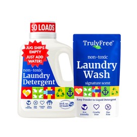 Truly Free Natural Laundry Detergent for Sensitive Skin | Eco Friendly, Plant Based, Baby Clothes Safe | Clean & Easy Powder to Liquid, 1 Pack Detergent + 1 Refillable Jug | Signature Scent, 50 Loads