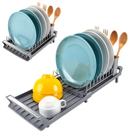 Litimkat Dish Drainer Crockery Compact Expandable Dish Drainer with Cutlery Draining Board Made of Stainless Steel Collection Tray 28-47 cm (Grey)