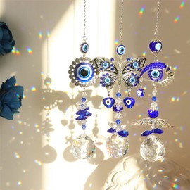 CIXVOEMK Blue Devil's Eye Crystal Sun Catcher Pendant Light Shadow Garden Decor Crystal Wind Chimes Rainbow Garden Sunshine Collection Suncatcher Crystal Ball Patio Curtain Decoration 3PCS