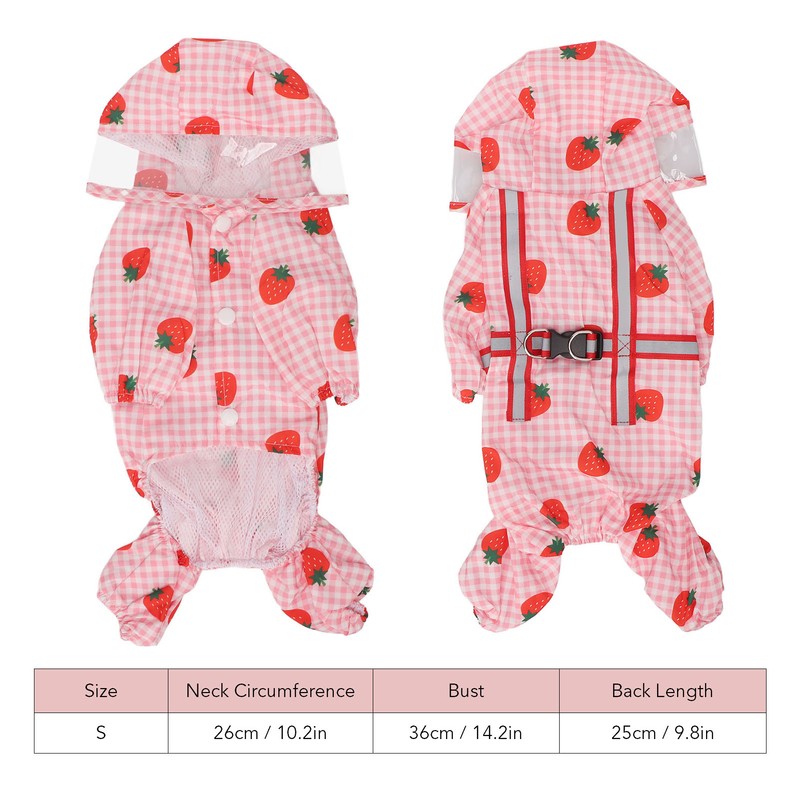 Dog Raincoat Hooded Reflective Breathable Lightweight Strawberry Patterns Puppy Rain