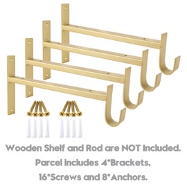 AddGrace Closet Rod Bracket Heavy Duty Shelf Brackets 10 Inch Gold Wall Mounted Closet Rod Support with Pole Holder Industrial Iron Shelving Supports with Hook (4 Pack)