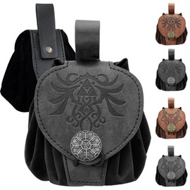 AUNGCSHE Medieval Belt Bag, Viking Accessories Women's Embossed Faux Leather, Retro Renaissance Portable Belt Bag Purse, black, B