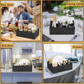 Ihdāt Paper Plate Dispenser, Paper Plate Holder for Kitchen Counter, Wood Rustic Silverware Utensil Caddy, Flatware Organizer with 6 Compartments- Plate Caddy for Picnic and Kitchen (Black)