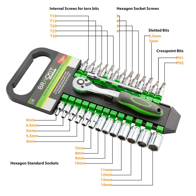 brackit 28 Pc Socket Wrench Bit Set 72 Tooth Reversible