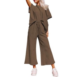 SHEWIN Women's Two 2 Piece Outfits Sweatsuit Lounge Sets for Women Short Sleeve Pullover Tops Casual Loose Pants Comfy Pajamas Tracksuit Set Fall Clothes for Women 2024 Brown S