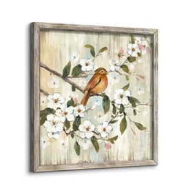 Small Bird Pictures Framed: Blossom Flower Artwork Botanical Wall Art Animal Painting Framed on the Tree Branch Print for Office(20x20)