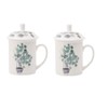 Porlien Porcelain Mugs Set of 2 with Lids, Green Plants