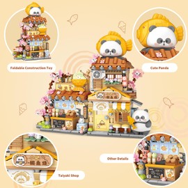 Japanese Street View Taiyaki Shop Mini Building Blocks, MOC Creative Building Toys Cute Panda Building Set for Kids 6-12, Simulation Architecture Construction Toy, Gift Idea for Kids Adults (858 PCS)