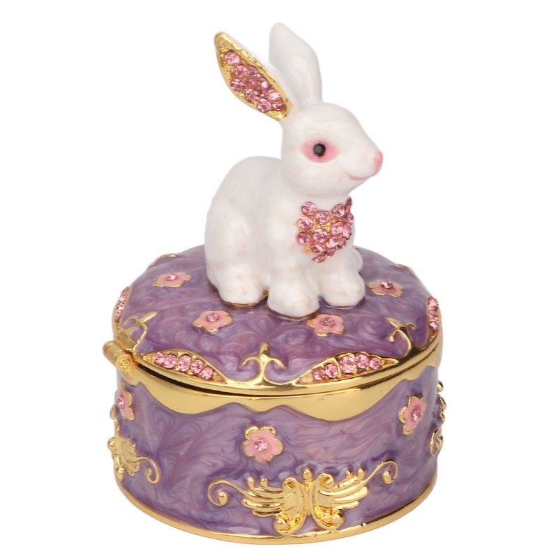 Rabbit Trinket Box Vintage Metal Enamel Antique Floral Engraving Pattern