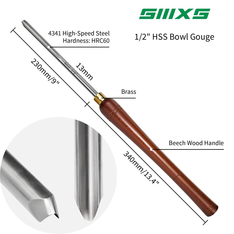 SIIIXS 1/2" HSS Bowl Gouge with Side Grind(3/8" Flute), Wood