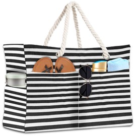 BGIUSQF Beach Bag with Zip, Beach Bag Large, Striped Beach Bag, Beach Bag, Women's Swimming Bag Family for Beach Travel, Shopping, Sports and Work, Black and White, black