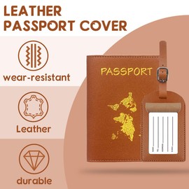 AUEFUDQ Passport Holder, 4-Piece Passport Holder and Suitcase Tag Set, PU Leather Luggage Tag, Passport Cover for Credit Cards, ID and Travel Documents (Yellow, Brown)