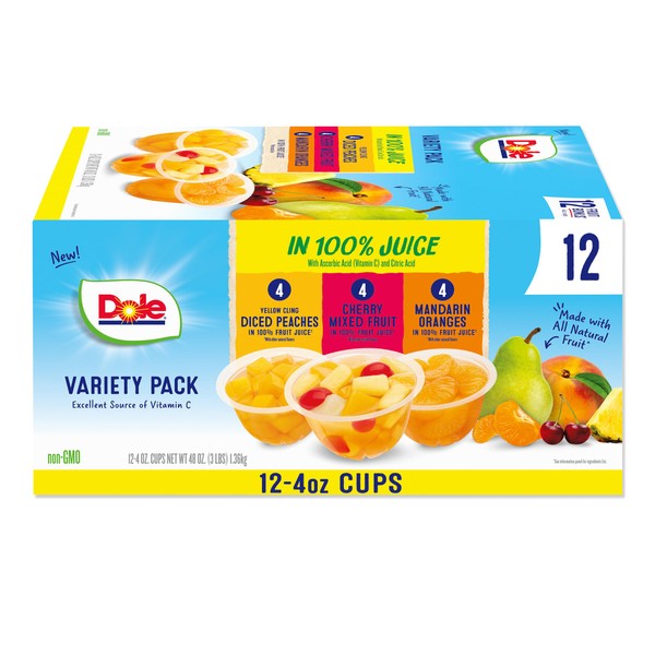 Dole Fruit Bowls in 100% Juice Variety Pack, Peaches, Cherry Mixed Fruit, Mandarin Oranges, Back To School, Gluten Free Healthy Snack, 4oz, 12 Cups