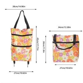 Folding shopping bag, supermarket trolley with rubber wheels Oxford cloth, reusable, large capacity ultra-light portable shoulder backpack, shopping bag home essential (Orange flowers)