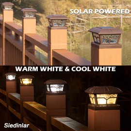 SIEDiNLAR Solar Post Cap Lights Outdoor 2 Color Modes 8 LEDs for 4x4 5x5 6x6 Posts Fence Deck Patio Decoration Warm White & Cool White Lighting Brown (2 Pack)