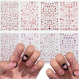 8 Sheets Valentines Day Nail Art Stickers Decals Laser Red Pink Love Heart 3D Glitter Self-Adhesive Valentine Pegatinas Uñas Nail Supplies Nail Art Manicure Design Decoration DIY Accessories