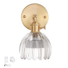 Shenmoyl Vintage Battery Operated Wall Sconce with Transparent Tulip Glass Lampshade Rechargeable Battery Powered Wall Light with Remote Control for Bedside Bedroom Doorway
