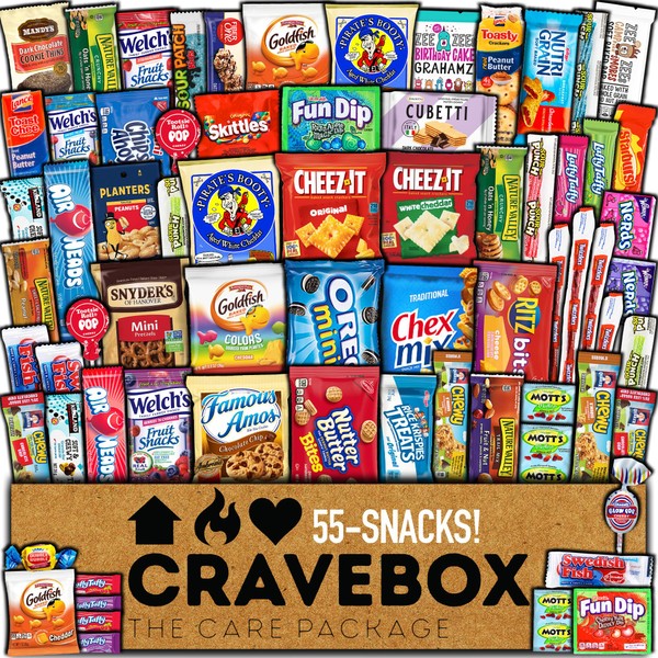 CRAVEBOX Snacks Box Variety Pack Care Package (55 Count) Christmas Treats Gift Basket Boxes Pack Adults Kids Grandkids Guys Girls Women Men Boyfriend Candy Birthday Cookies Chips Teenage Mix College Student Food Sampler Office School