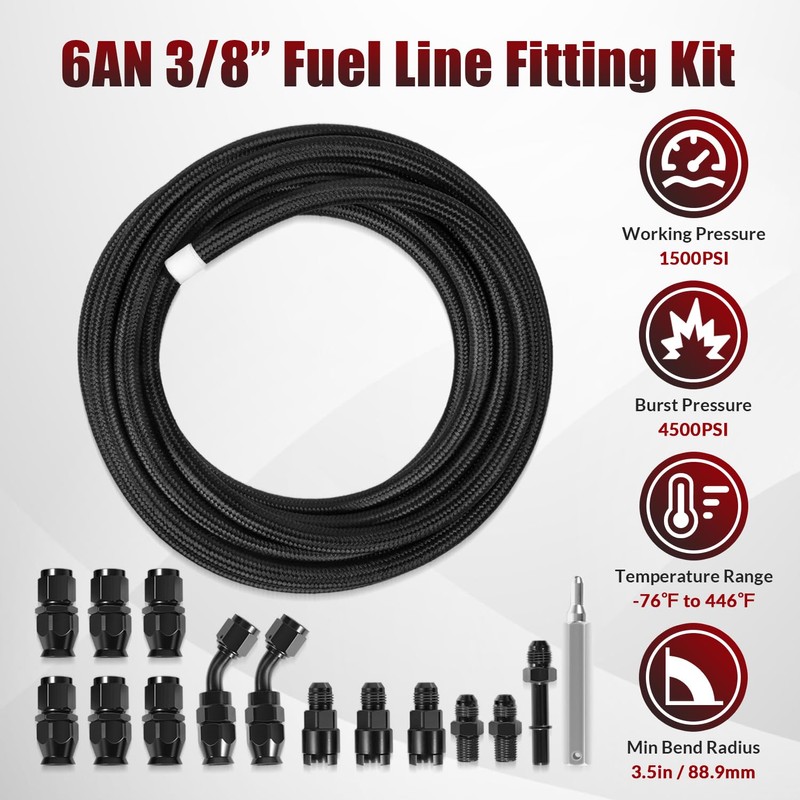 6AN 3/8” PTFE Fuel Line Kit w/Nylon Stainless Braided Fuel