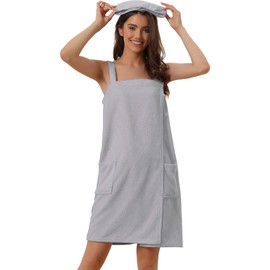 cheibear Women's Terry Towelling Sauna Kilt Sauna Towel with Pocket and Velcro Fastening Spa Shower Towel Bathrobe, gray