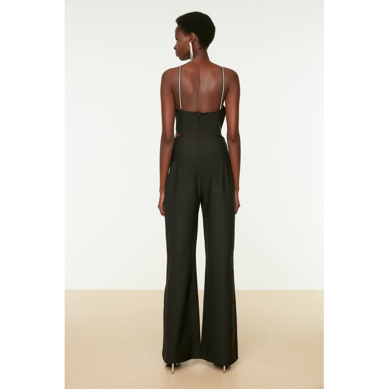 TRENDYOL Women's Waist Detailed Stone Hanging Jumpsuit, black