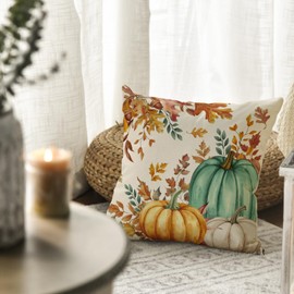 AVOIN colorlife Fall Pumpkin Maple Leaves Green Pillow Cover, 18 x 18 Inch Seasonal Thanksgiving Harvest Cushion Case Decoration for Sofa Couch