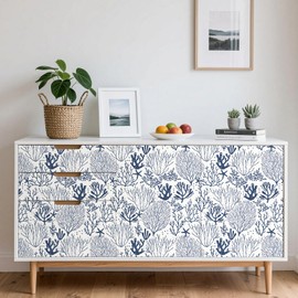 Livelynine Blue Farmhouse Wallpaper Peel and Stick Ocean Wallpaper Navy Blue and White Nautical Coastal Beach Vinyl Contact Paper Waterproof Self Adhesive Beachy Coral Starfish Removable 17.5x78.8