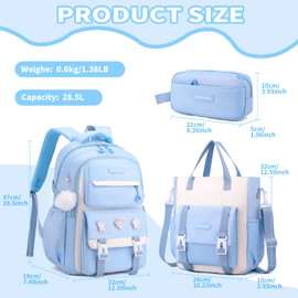 Girls Backpack for School,Kids Backpack with Pencil Case Set for Elementary Primary Middle High School Teen Bookbag (3PCS Blue)